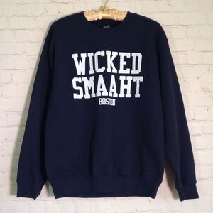 Wicked Smaaht Boston MA Gildan Navy Blue Crewneck Pullover Sweater Size Small